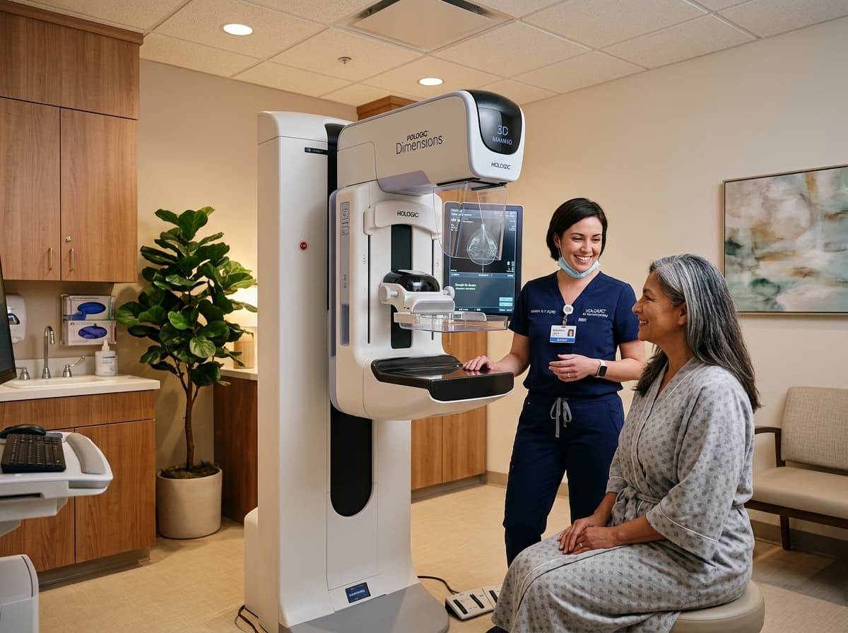 A patient and technologist in a modern, serene 3D mammography suite at Middletown Medical.