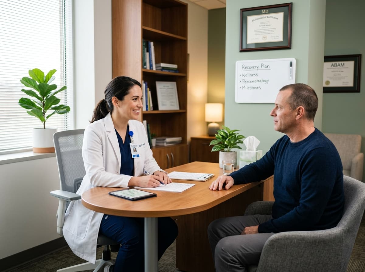 A compassionate clinician meeting with a patient during an addiction medicine consultation at Middletown Medical.