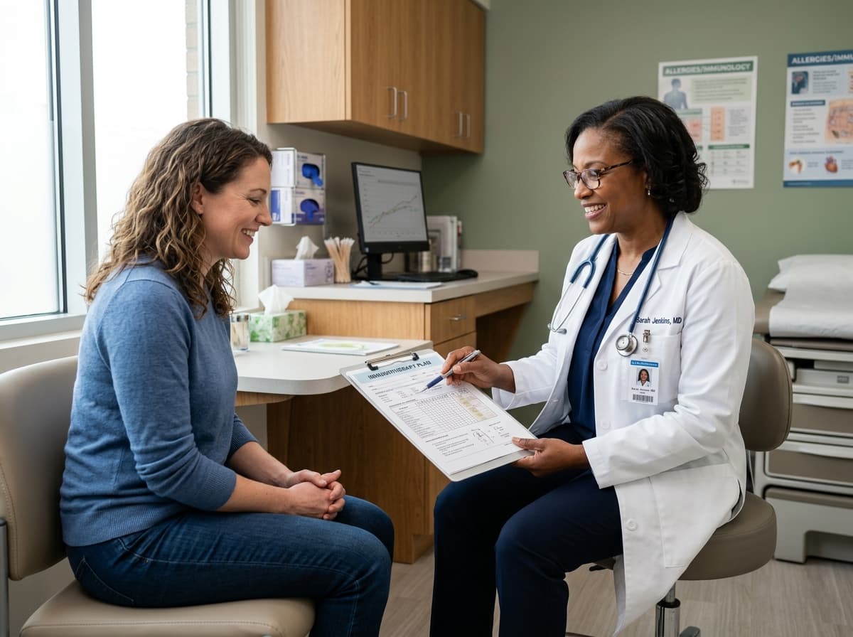 An allergist reviewing test results with a patient during an allergy and immunology consultation at Middletown Medical.