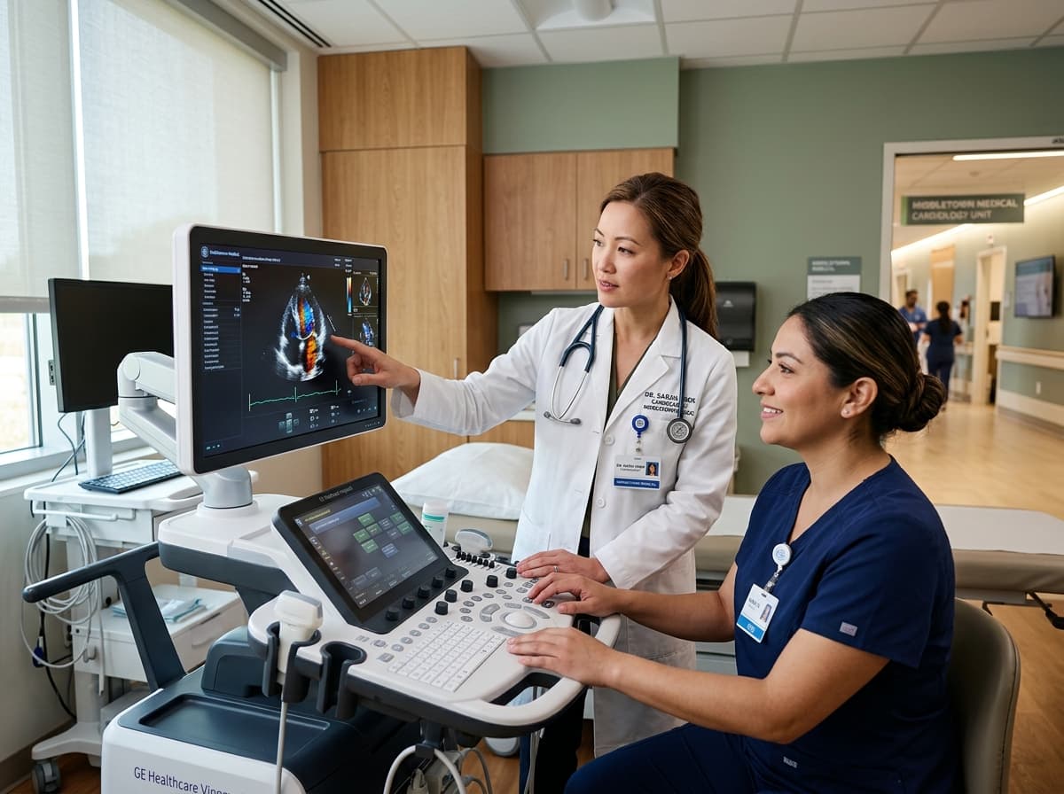 A cardiologist and cardiac technician reviewing advanced echocardiogram imaging in the Cardiology Unit at Middletown Medical.