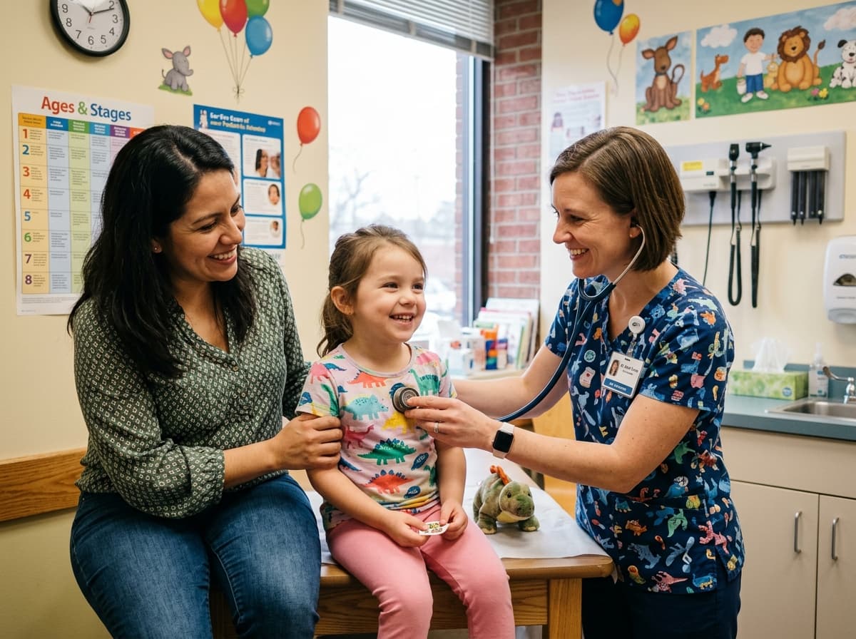 A pediatric endocrinologist supporting a young patient and parent during a diabetes visit at Middletown Medical.