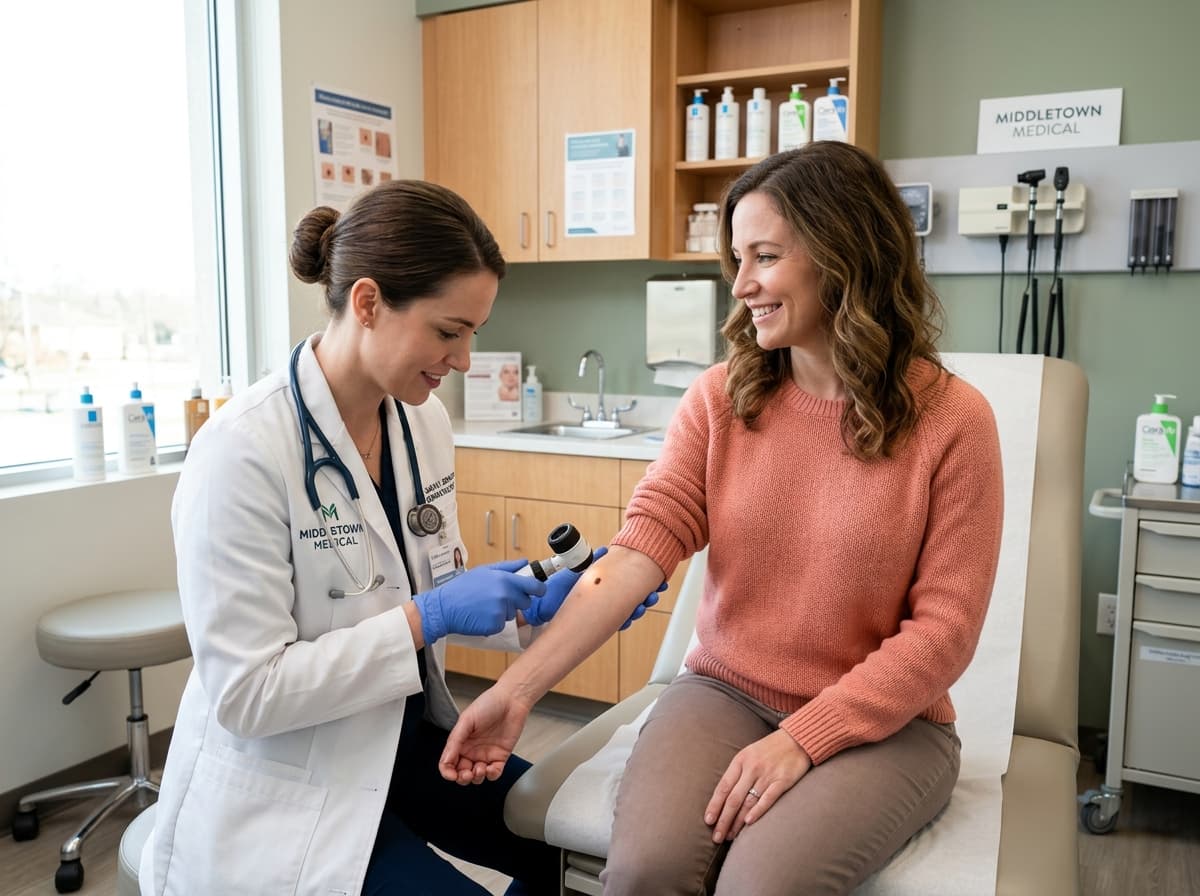 A dermatologist examining a patient's skin during a comprehensive skin exam at Middletown Medical.