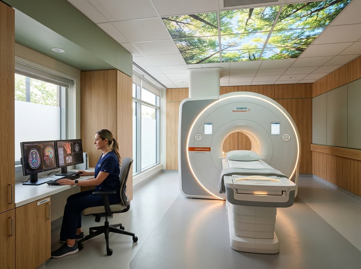 A modern diagnostic imaging suite at Middletown Medical featuring a wide-bore MRI scanner with calming nature ceiling and technologist workstation.