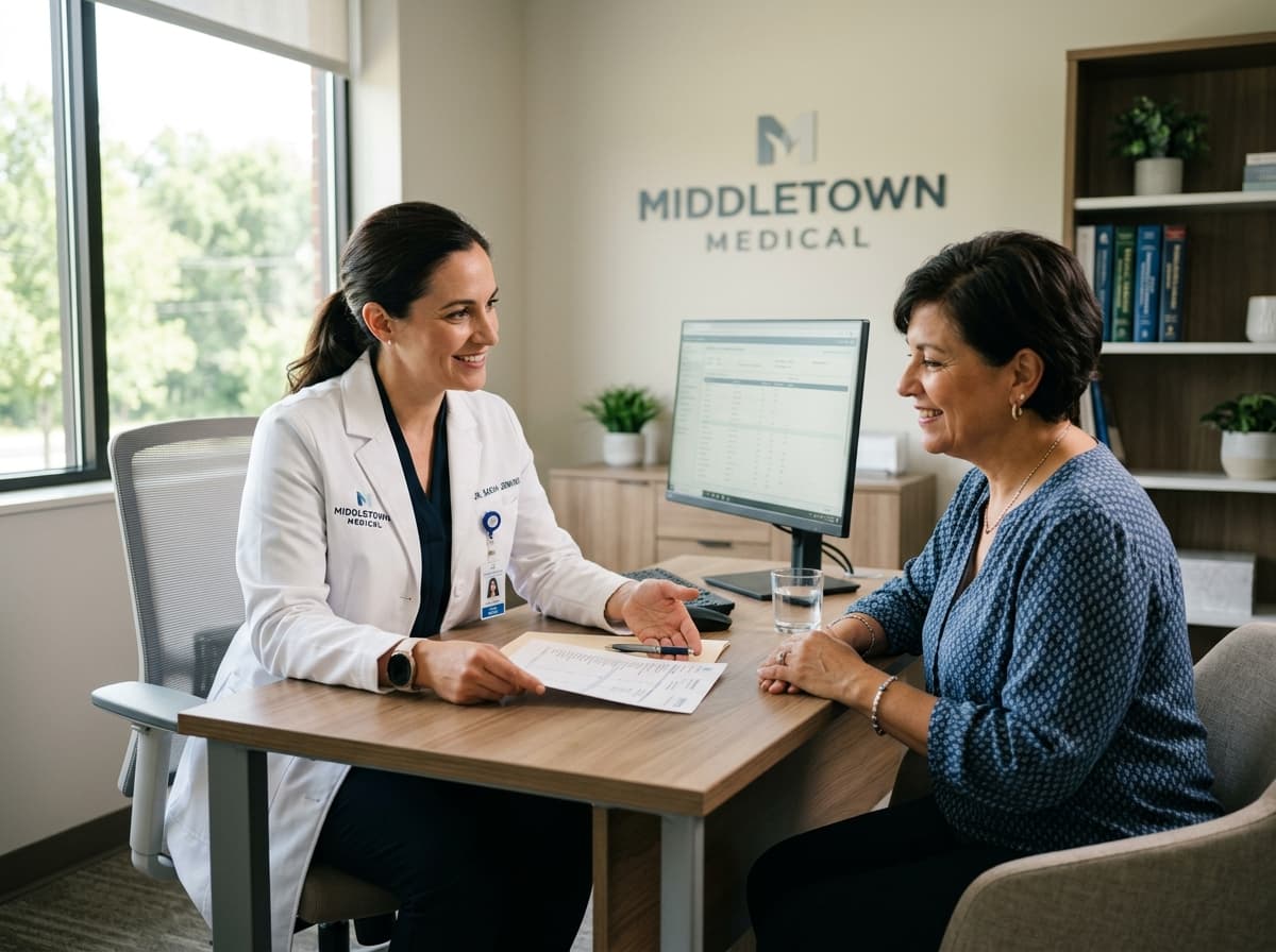 An endocrinologist reviewing thyroid and hormone results with a patient at Middletown Medical.