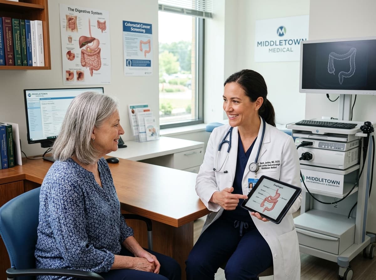 A gastroenterologist consulting with a patient in a modern endoscopy suite at Middletown Medical.
