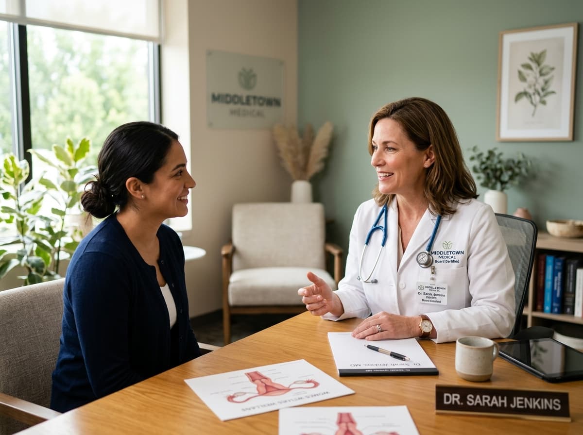 A gynecologist providing compassionate care to a patient in a comfortable exam room at Middletown Medical.
