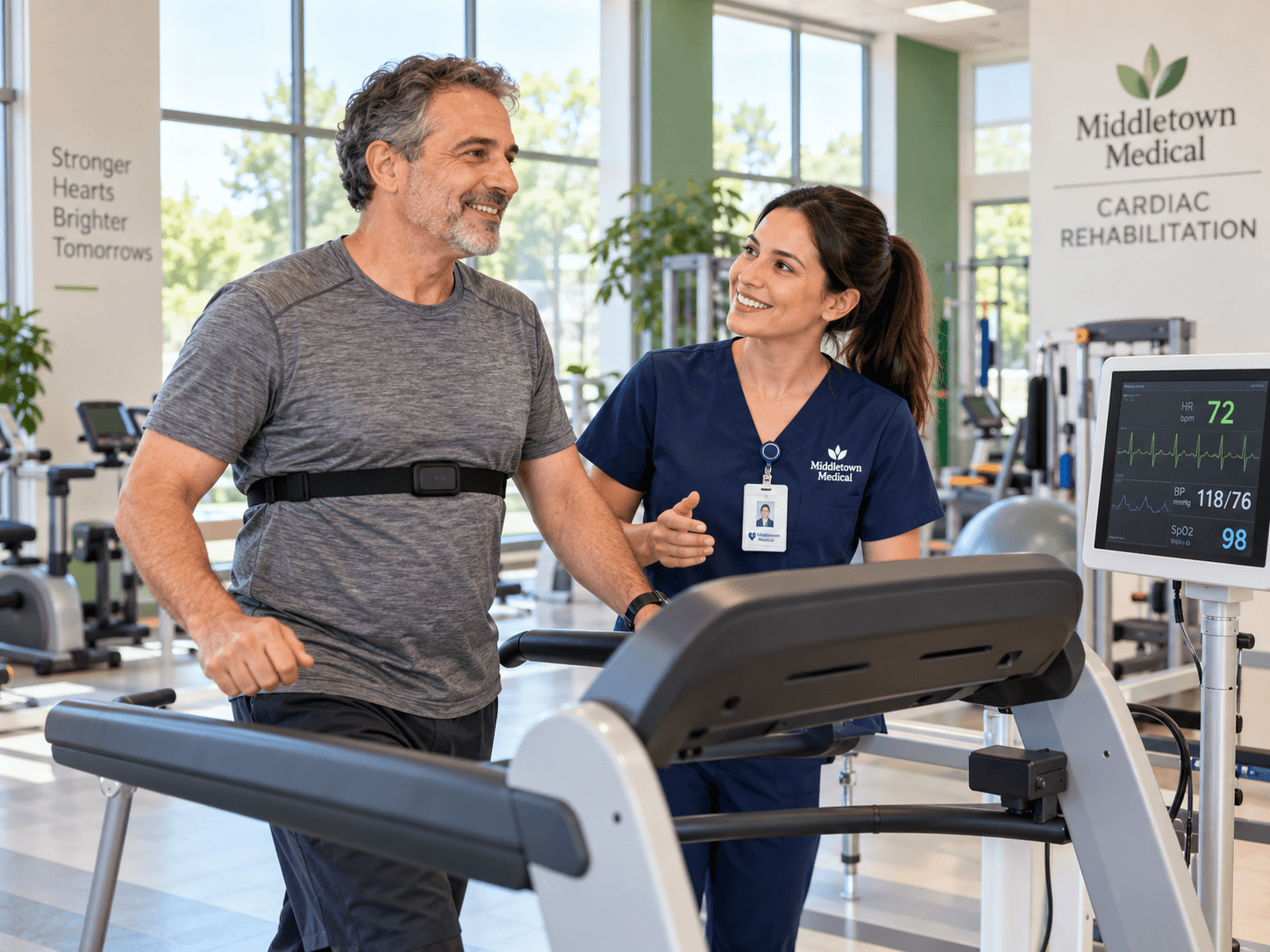 A patient exercising under supervision during an intensive cardiac rehabilitation session at Middletown Medical.