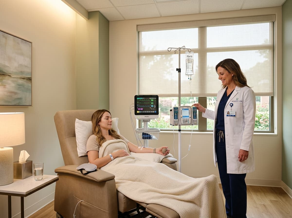A clinician monitoring a patient resting comfortably in a quiet, modern therapeutic ketamine clinic suite.