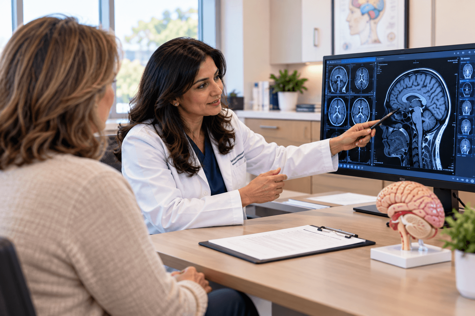 A neurologist reviewing brain imaging with a patient at Middletown Medical.