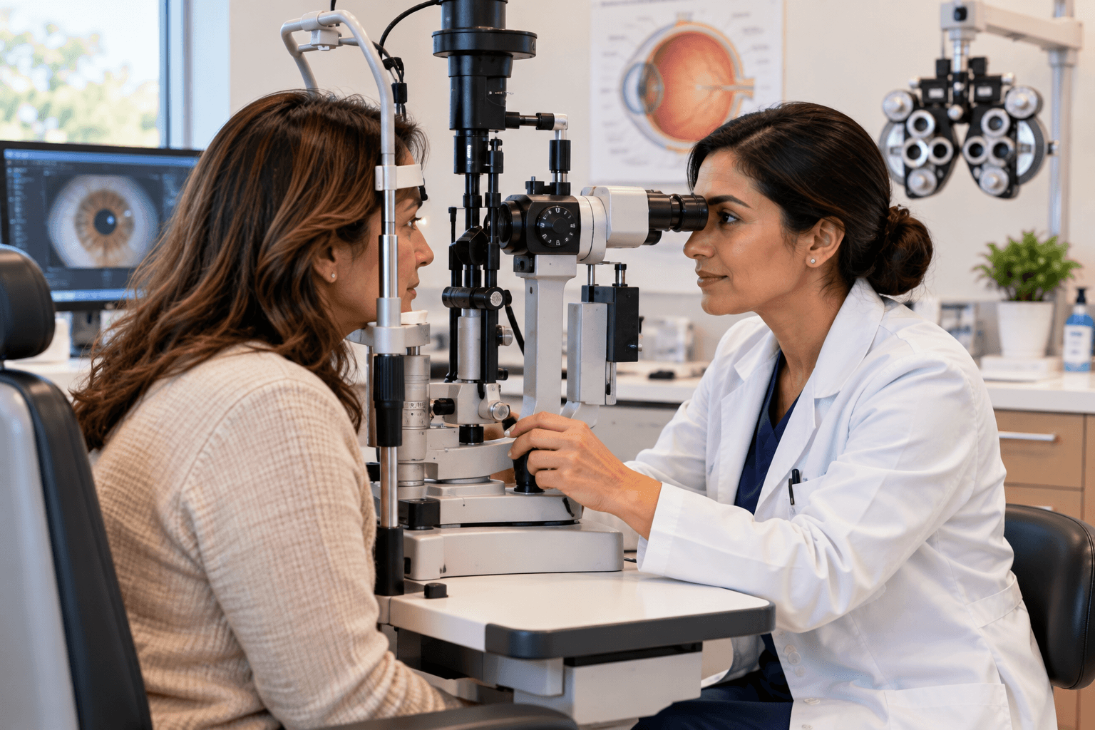 An eye care specialist performing a comprehensive eye exam with advanced diagnostic equipment at Middletown Medical.