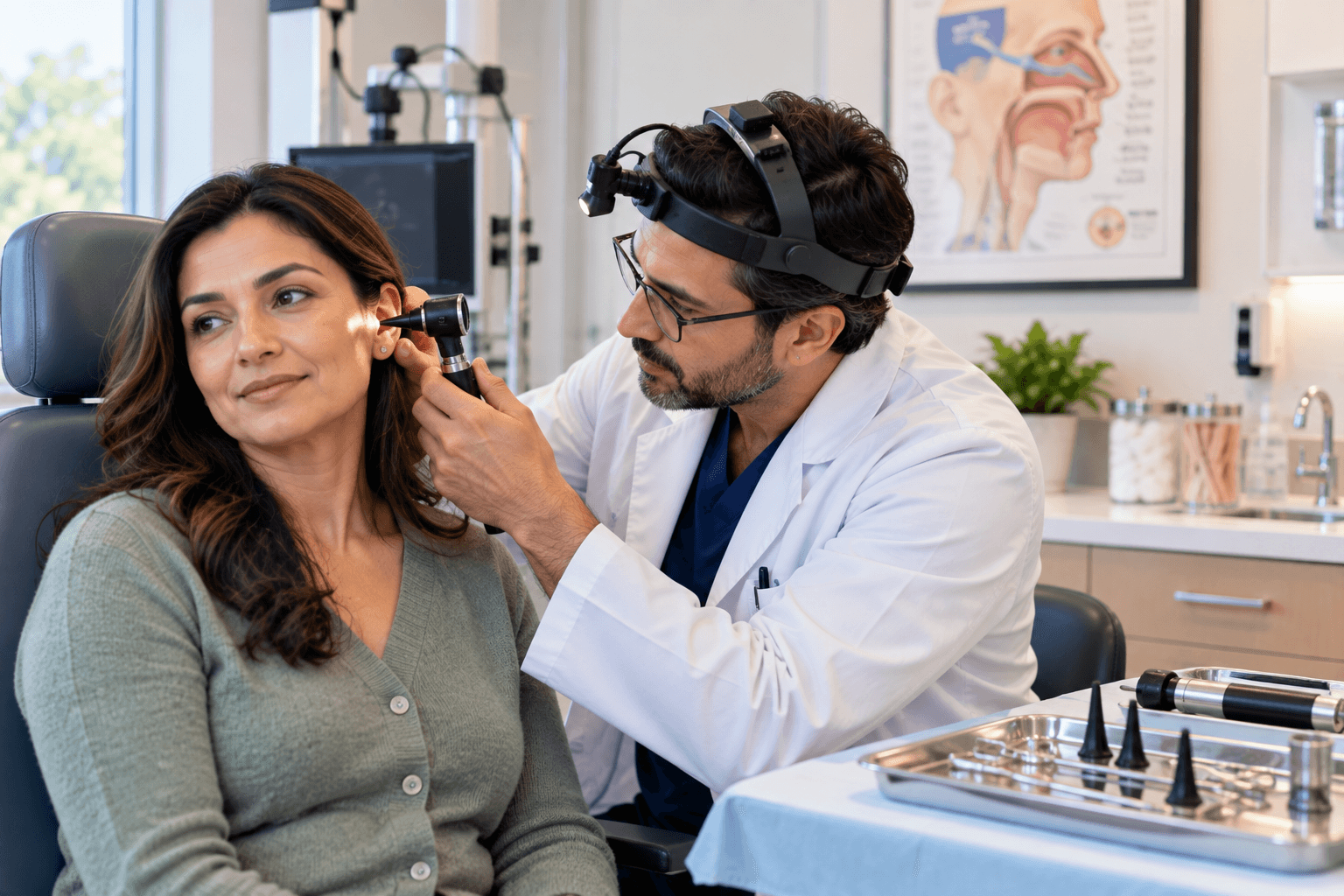An otolaryngologist examining a patient's ear during an ENT visit at Middletown Medical.