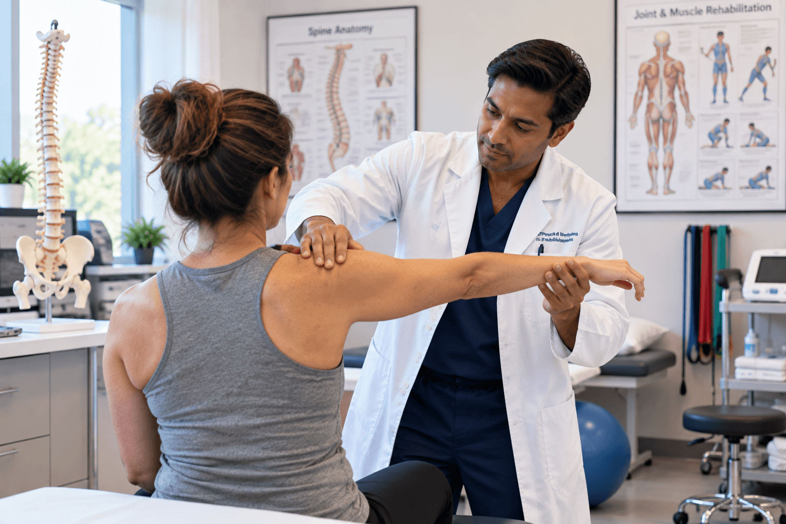 A pain management specialist evaluating a patient during a rehabilitation consultation at Middletown Medical.