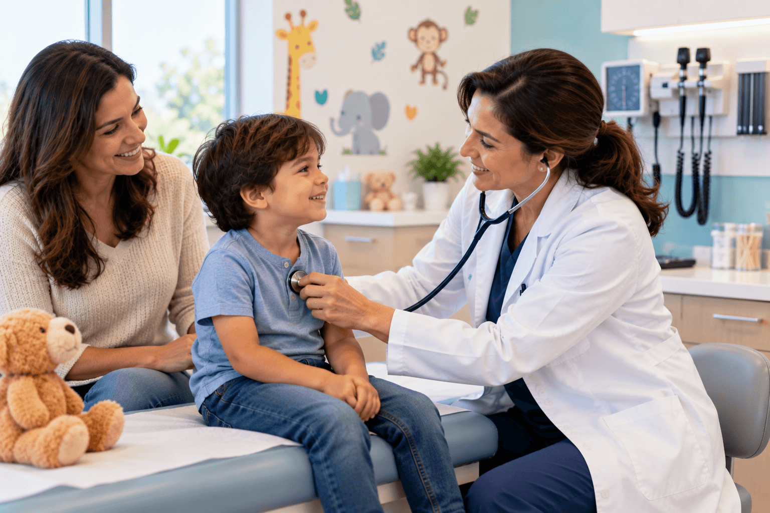 A pediatrician examining a smiling child during a well-child visit at Middletown Medical.
