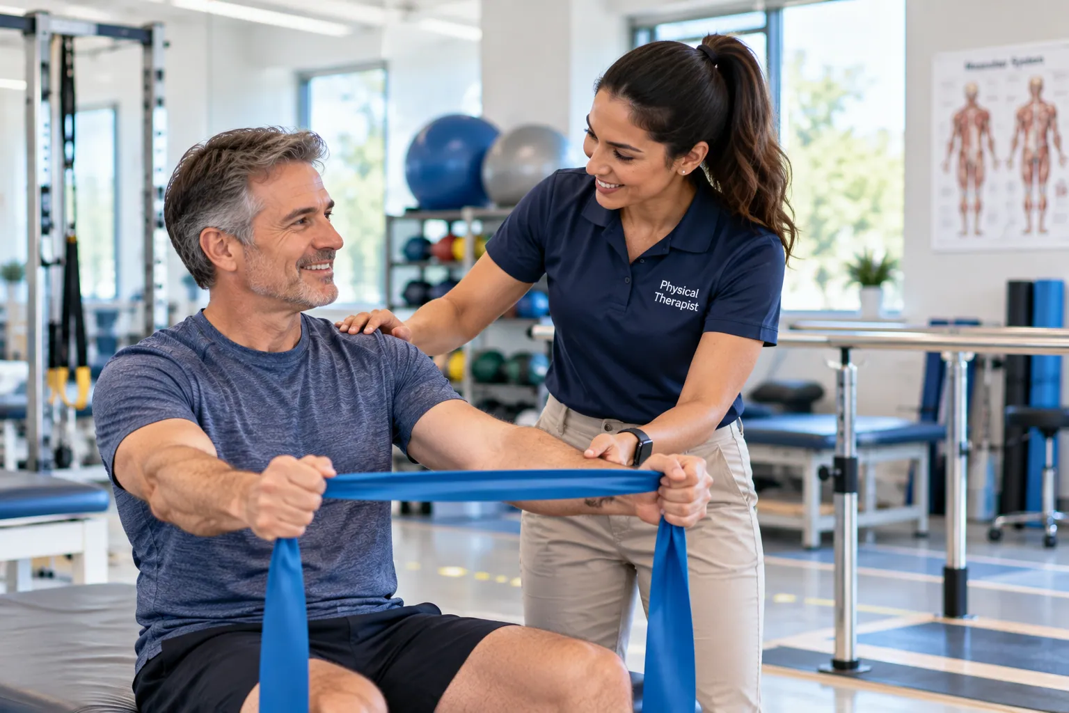 A physical therapist guiding a patient through a rehabilitation exercise at Middletown Medical.