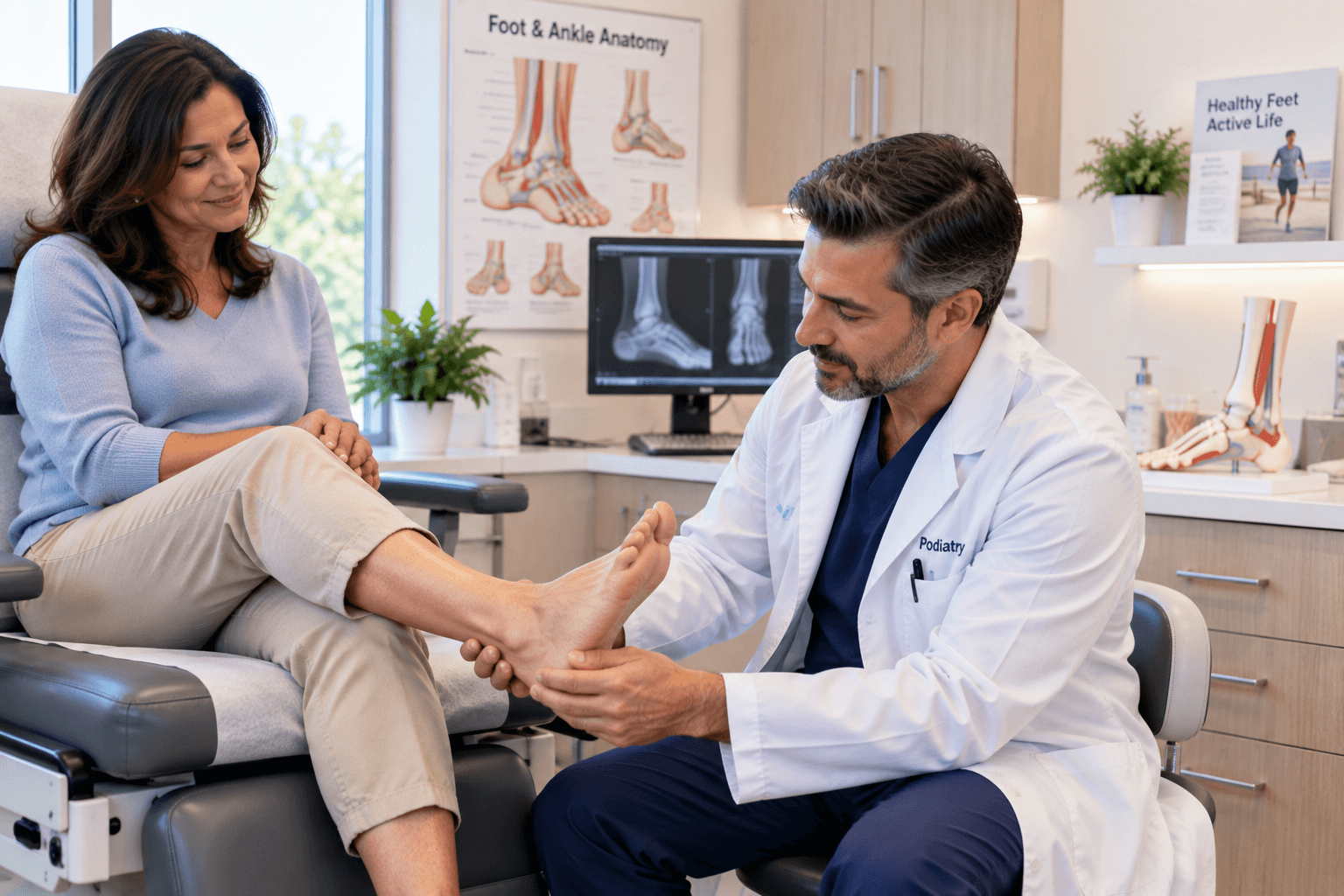A podiatrist examining a patient's foot during a consultation at Middletown Medical.