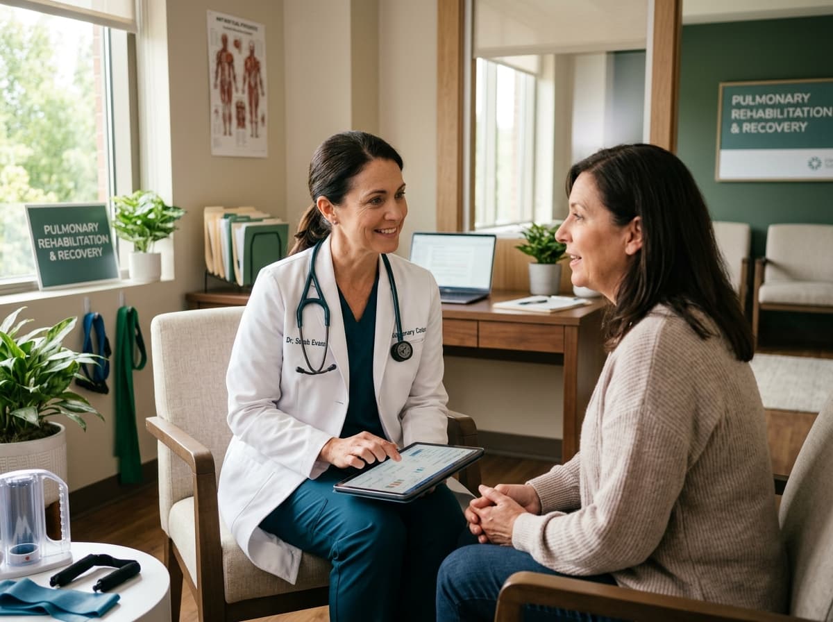 A Middletown Medical clinician consulting with a patient during a post-COVID recovery and pulmonary rehabilitation evaluation.