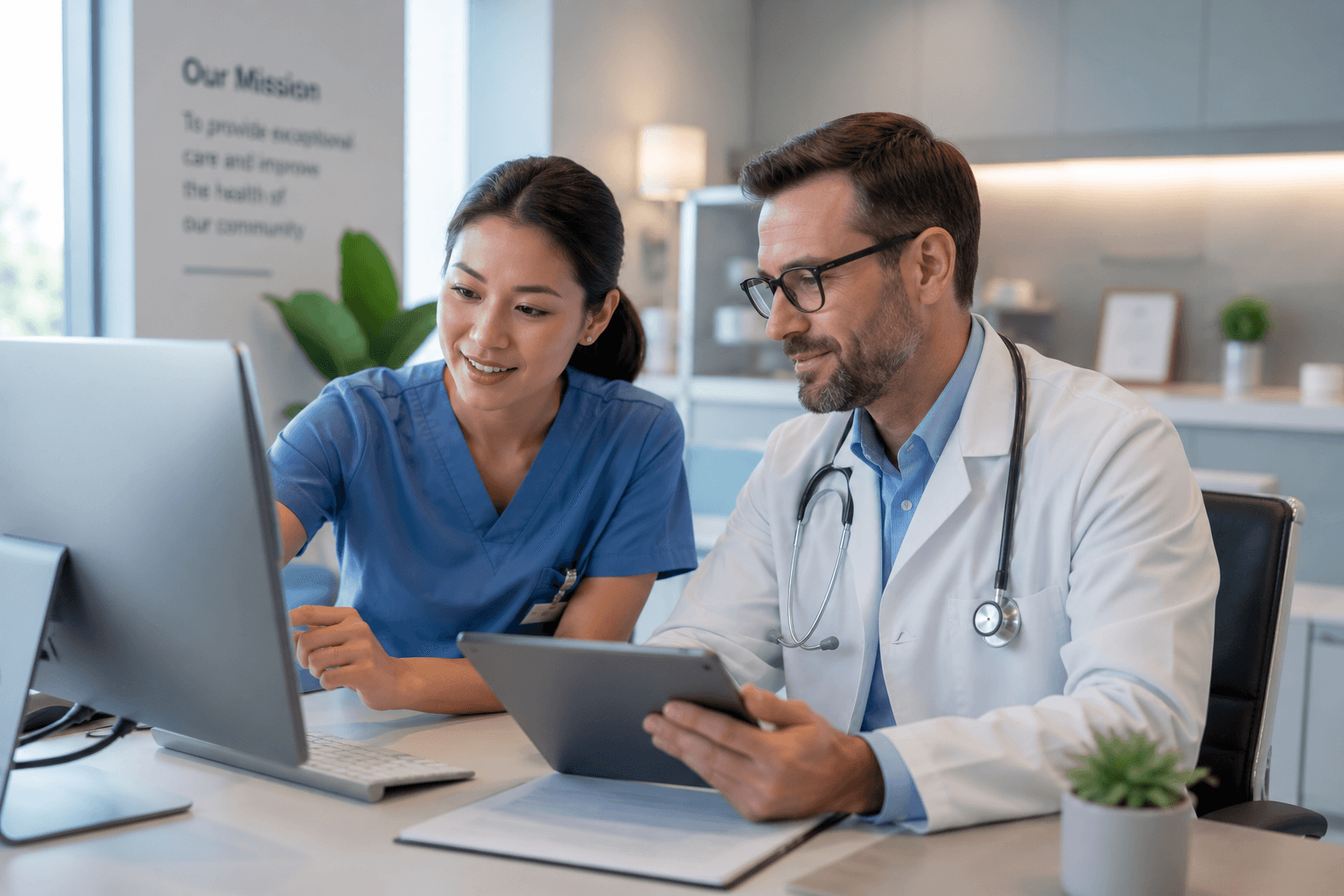 Clinicians reviewing provider options together in a medical office.