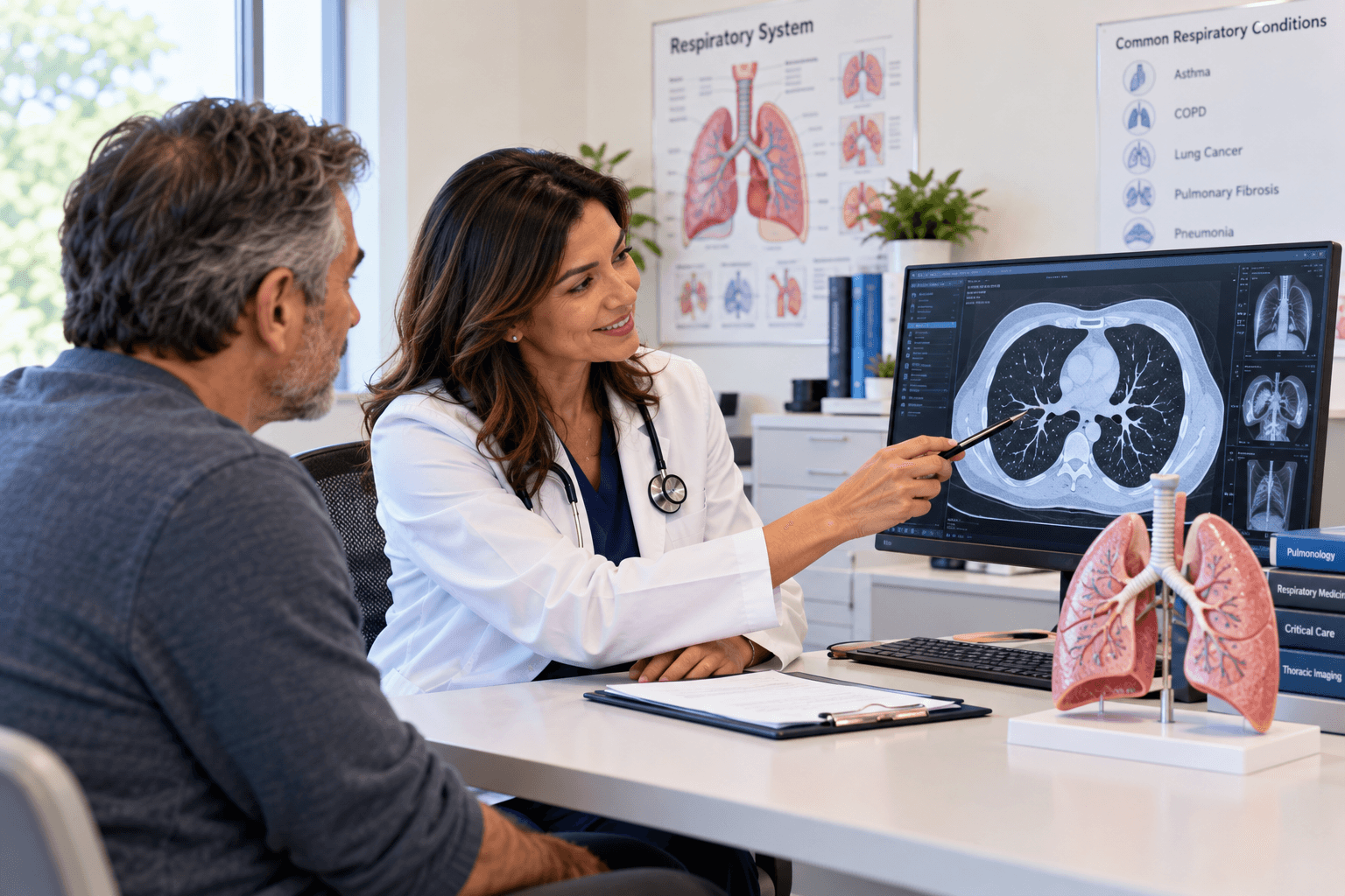 A pulmonologist reviewing a chest scan with a patient at Middletown Medical.