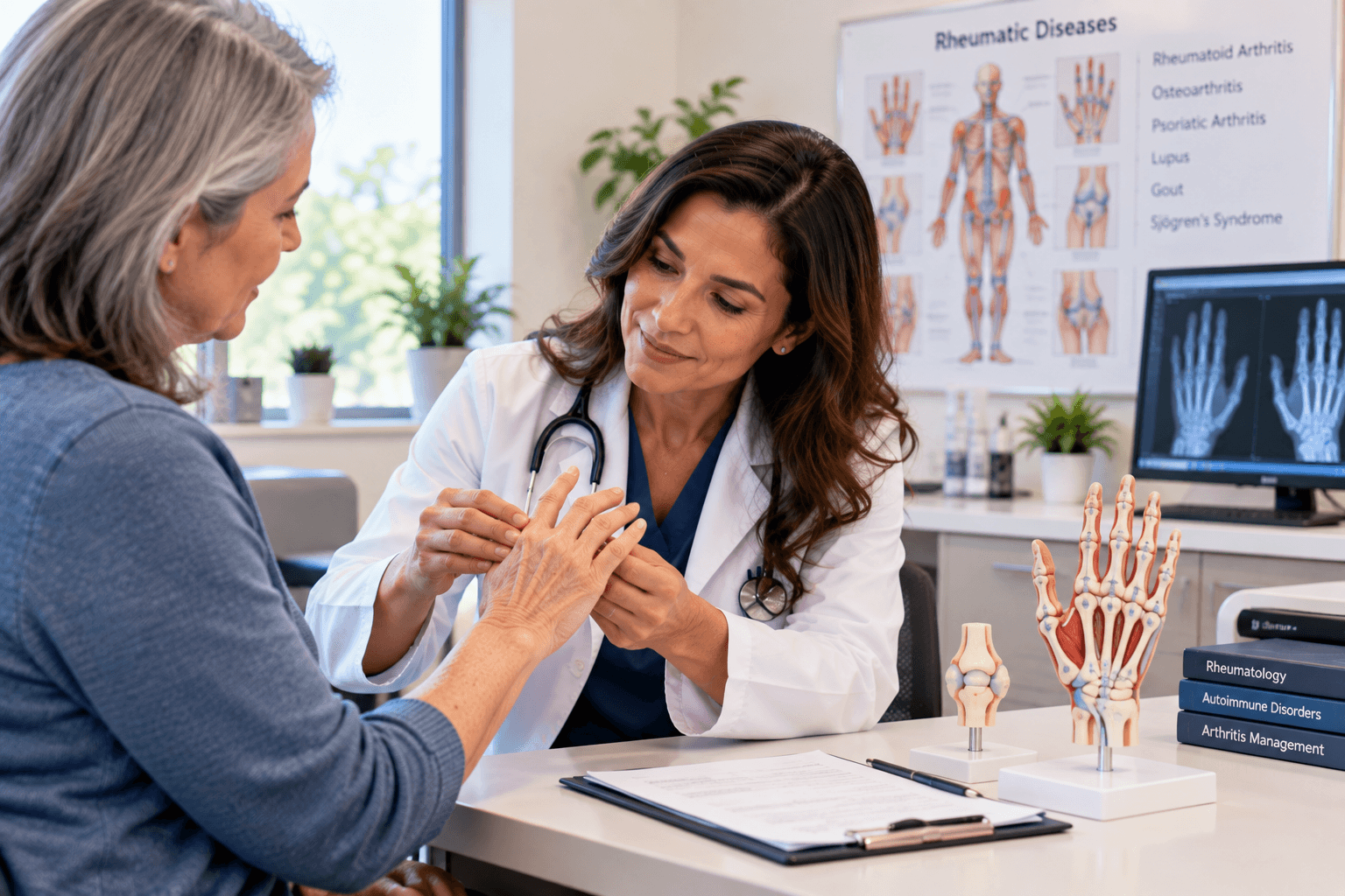 A rheumatologist examining a patient's joint during a consultation at Middletown Medical.