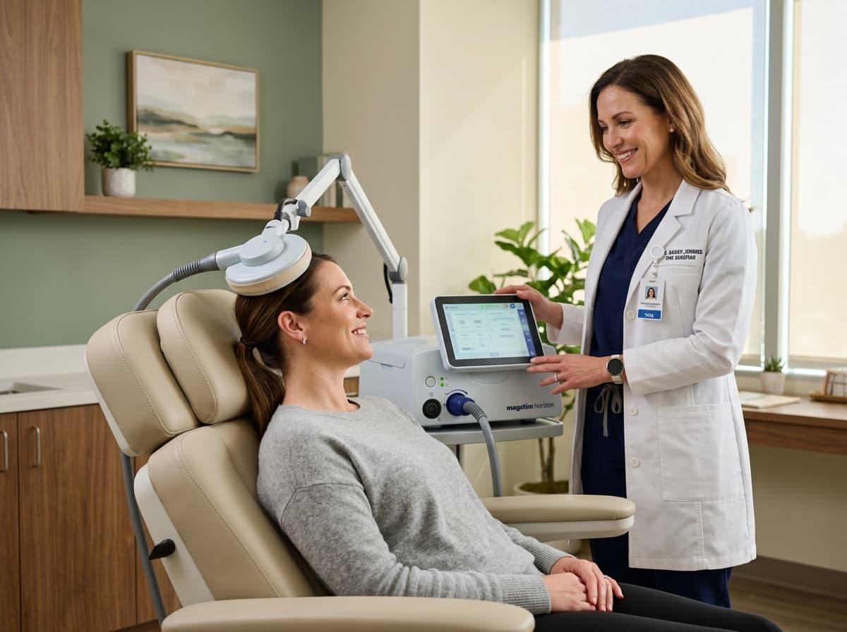 A patient seated comfortably during a transcranial magnetic stimulation (TMS) session at Middletown Medical.