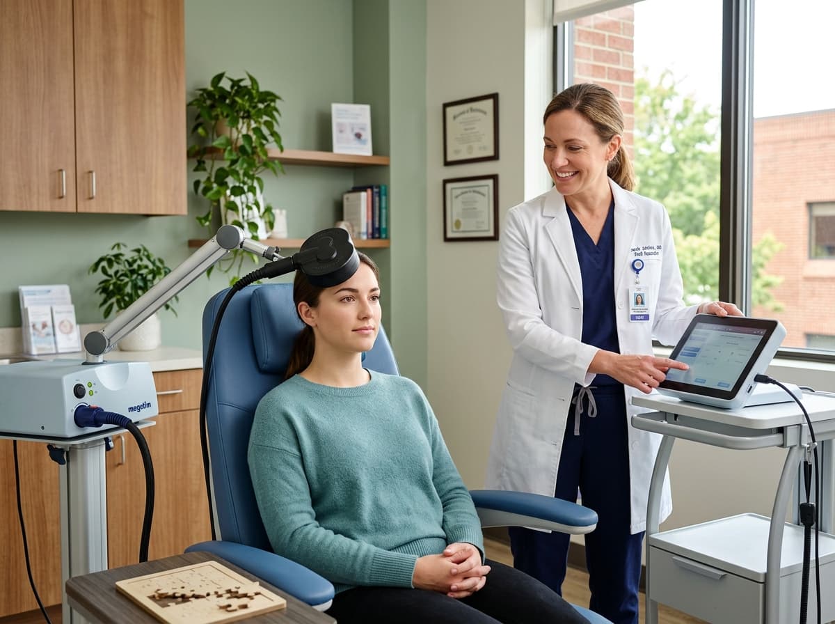 A patient in a calm, supportive setting during transcranial magnetic stimulation therapy for ADHD at Middletown Medical.