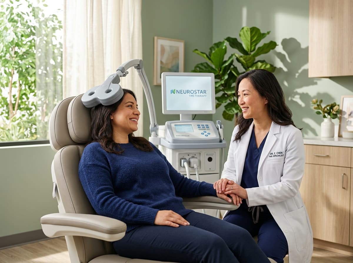 A patient in a calm, supportive setting during transcranial magnetic stimulation therapy for depression at Middletown Medical.