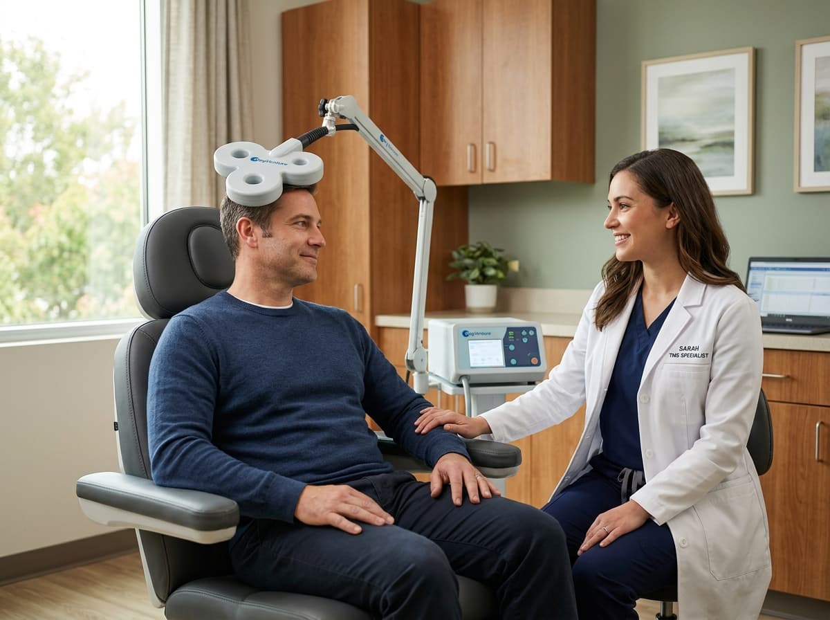 A patient in a calm, supportive setting during transcranial magnetic stimulation therapy for PTSD at Middletown Medical.